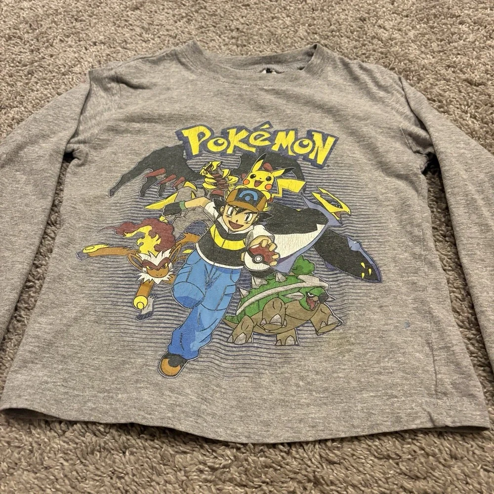 Vintage Pokemon Gray Long Sleeve Shirt Kids XS 2008 Promo Tee Ash Television TV